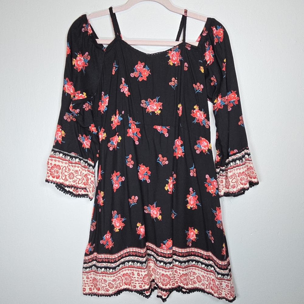 Angie Women's Floral Boho Garden Mini Babydoll Dress Cold Shoulder Fairy Grunge